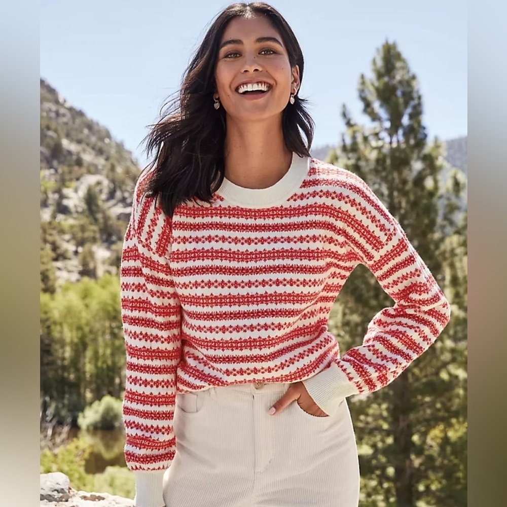 New Loft Fair Isle Stripe Everyday Sweater Cream Red Casual NWT SOFT holiday